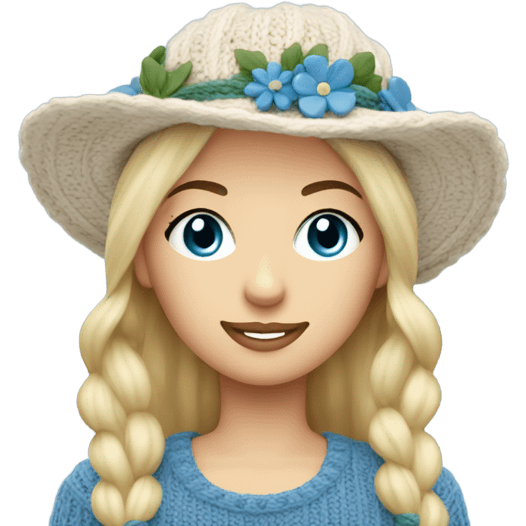 beautiful finnish blonde woman with blue eyes knitting floral hat emoji