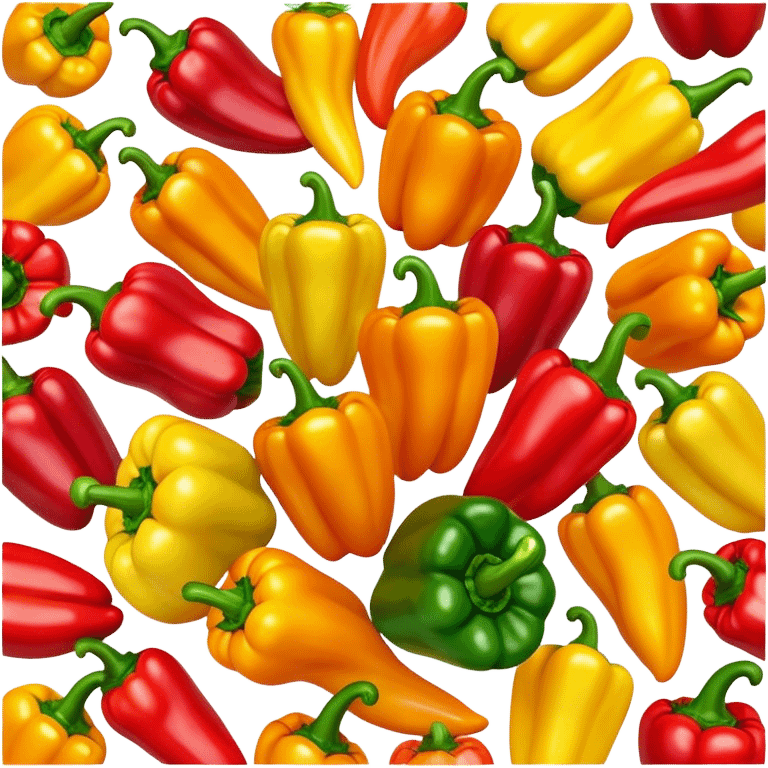 Cinematic bright colorful peppers, glossy and fresh, arranged in a vibrant mix of red, yellow, and green, warm glowing background, fresh and lively. emoji