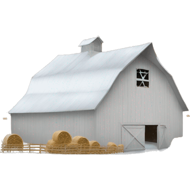 White barn with haystacks and snowing  emoji