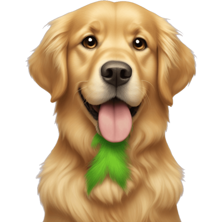 Golden retriever with grinch-looking fuzzy feet emoji