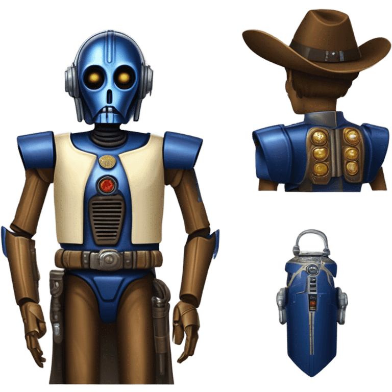 human-sized darkblue-pearl friendly bounty hunter c3po droid wearing a leather wild west duster. backpack, saddlebags holding light saber ready to fight but relaxed. antique emoji