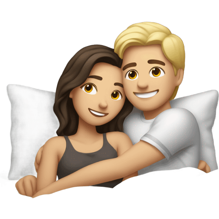 Blonde girl and brunette guy cuddling in bed emoji