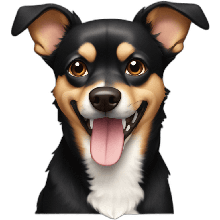 black brown mutt dog with mostly german shephard head but larger chihuahua eyes with large overbite with left upper sharp canine tooth crooked and sticking out of mouth emoji