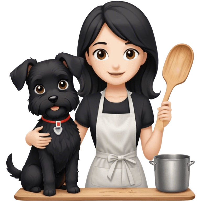 pale smiling girl baking with long back hair wearing black long shirt wearing apron holding black  schnauzer emoji