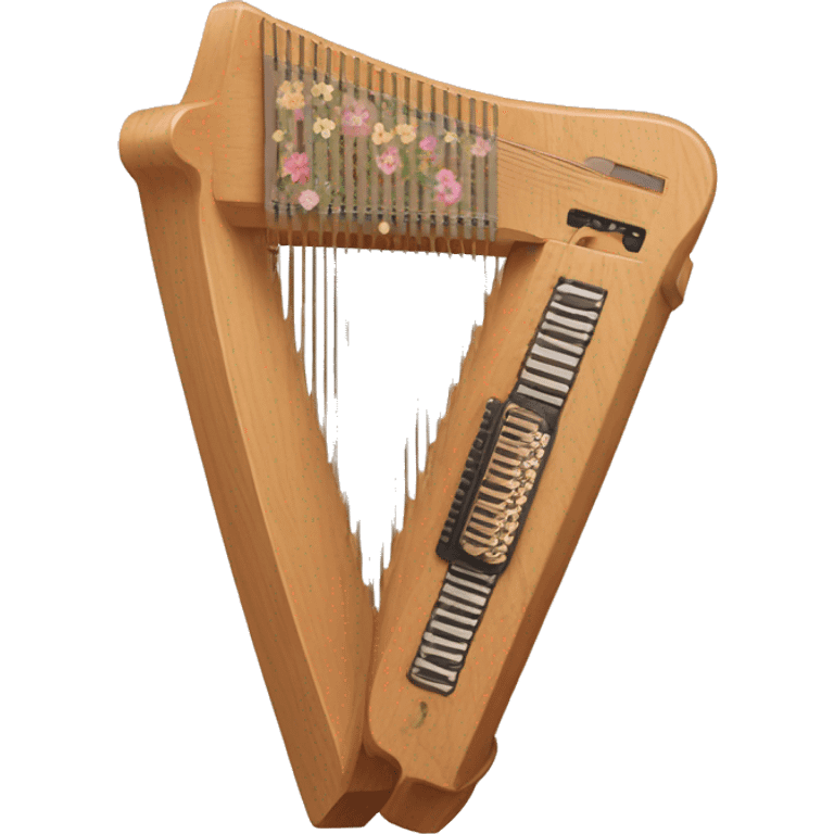 Autoharp instrument, standing up. Tan wood with a flower as the noise hole like the one trixie Mattel plays emoji