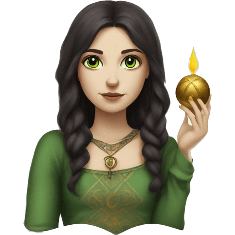 Slavic girl with dark burgundy hair green eyes with tarot emoji