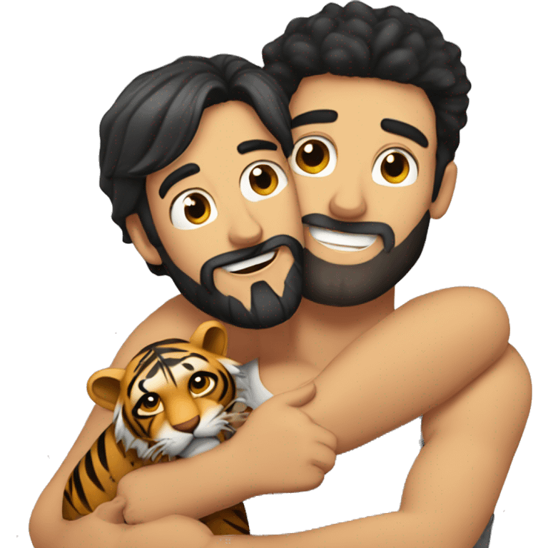 a caucasian guy with black hair and beard hugging with a tiger emoji