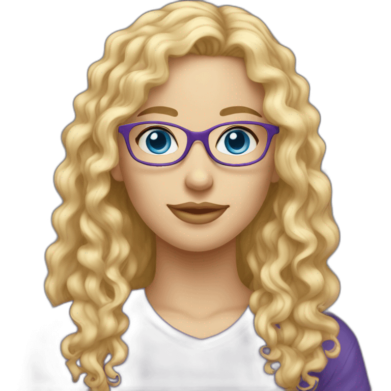 caucasian curly blonde long haired blue eyes glasses woman purple t-shirt emoji