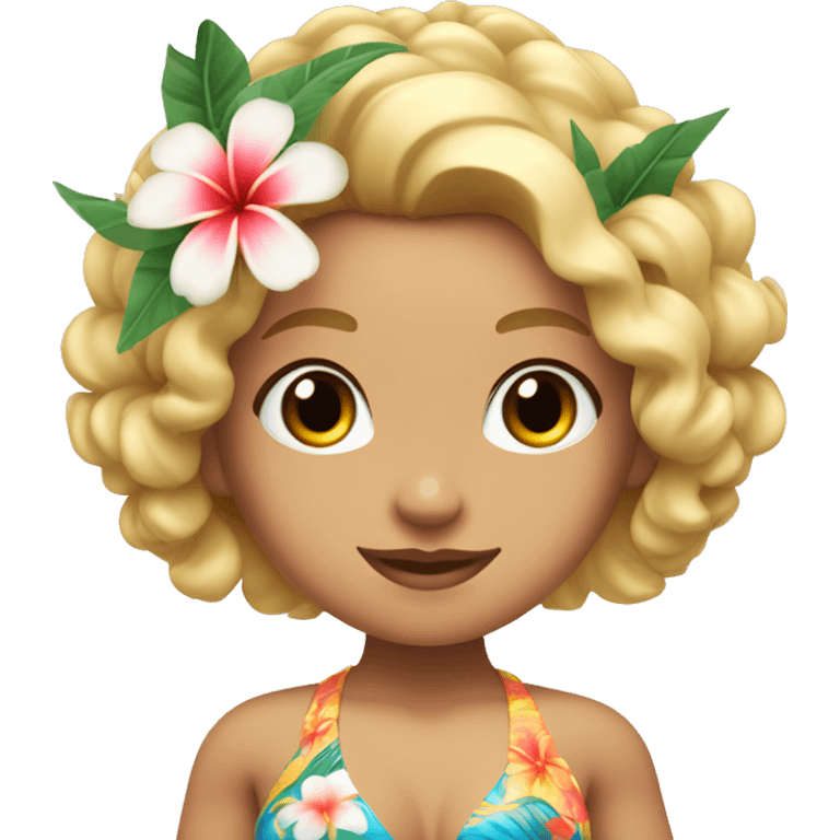 White hula girl with shoulder length blond curly hair, blue eyes, with a tropical bikini top and flowers in her hair emoji