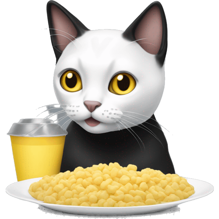 Cat eating food the cat is black and white and his eyes are yellow emoji