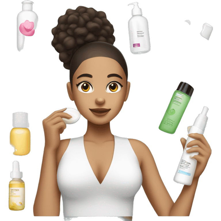 lightskin girl doing her skincare with skincare products  emoji