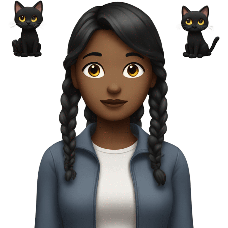 Black with dark hair girl looks at cat emoji