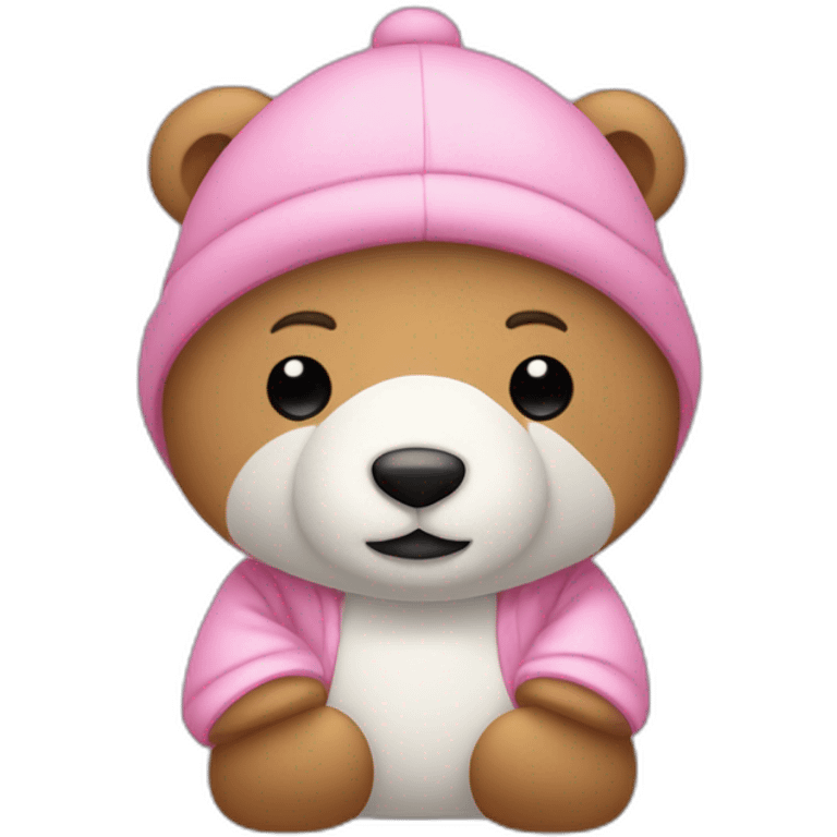 Un oso de peluche blanco con un pijama rosada y un gorro blanco y muy delgado emoji