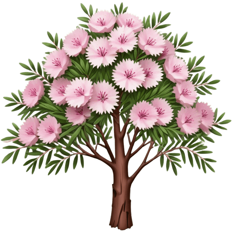 Cinematic Realistic Melaleuca Emoji, Elegant and resilient, with peeling, papery bark and delicate, needle-like leaves. The tree stands tall and graceful, with clusters of white and pink flowers dotting the branches. Soft glowing outline, capturing the essence of natural elegance and resilience in a beautiful melaleuca tree! emoji