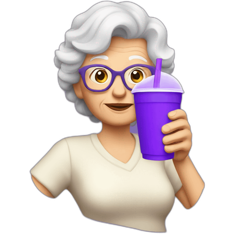 grandma drinking a purple soda from a styrofoam cup emoji