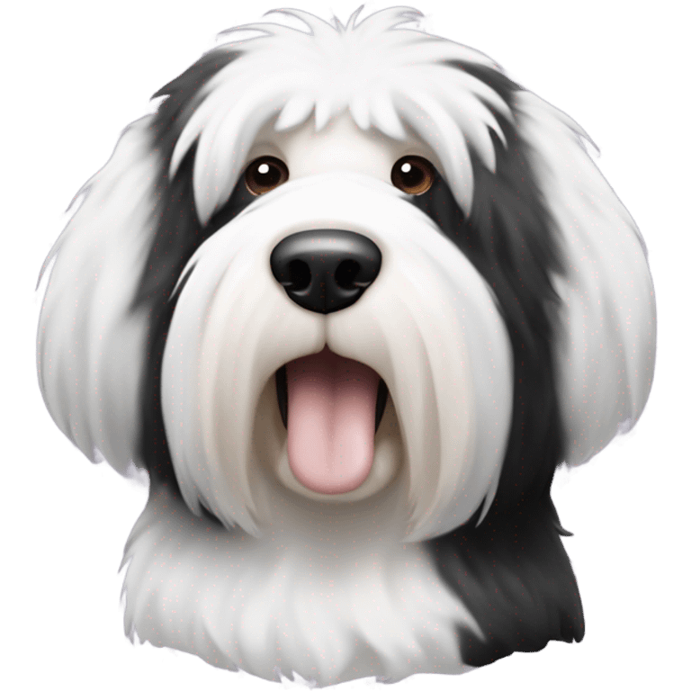 Old English sheepdog with a half and half face like a black and white cookie emoji