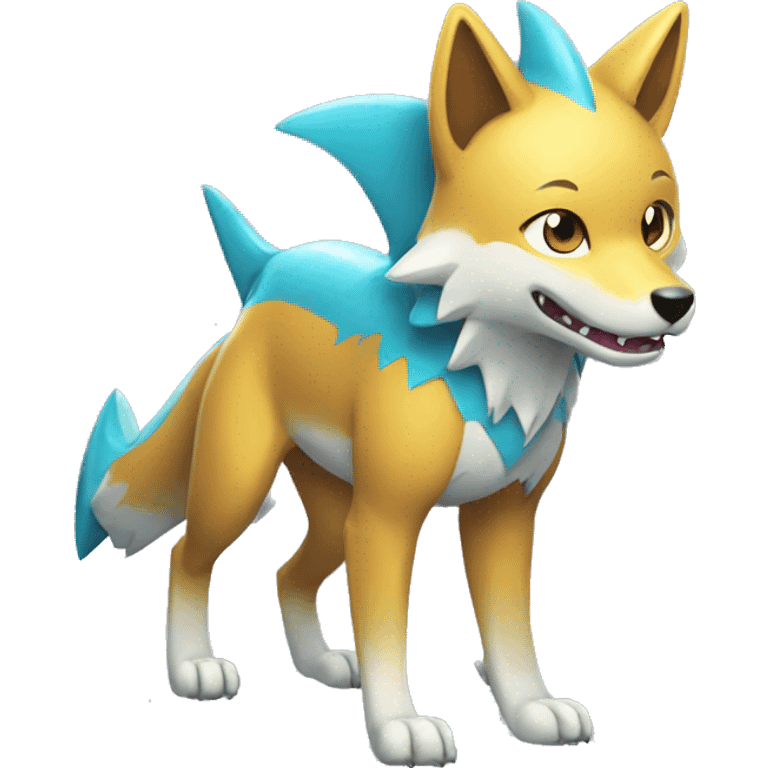 Shiny Colorful Wolf-Pokémon with a shark tail and a shark fin on back Full Body emoji