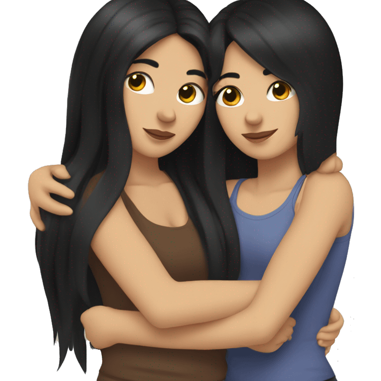 Lesbian with long black hair and white skin hugging her girlfriend from behind emoji