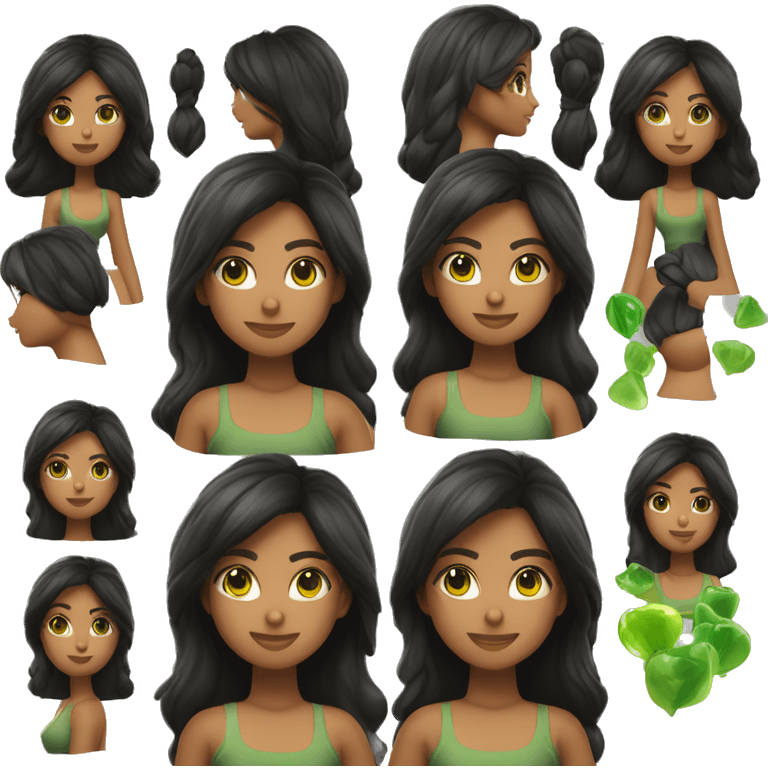 Una mujer de pelo lacio y largo de color negro de piel morena y color de ojos verdes jugando en un playstation 4 emoji