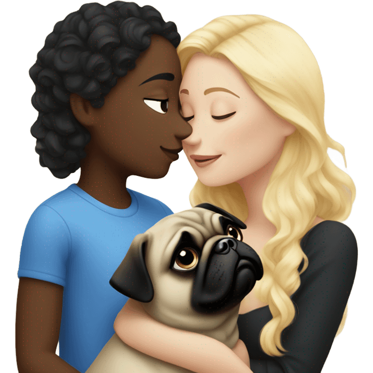 Girl with wavy blonde hair and blue eyes kissing a black pug emoji