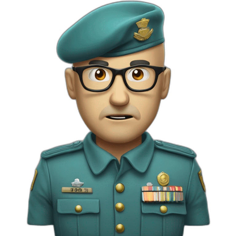 High detail cyan beret bald very angry 50 years old man with glasses no hair furious very angry frown with khaki uniform emoji