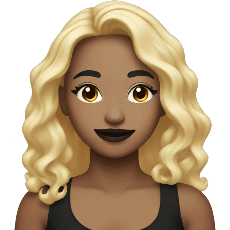 Girl with long wavy blonde hair eyes closed smiling black tank top and black makeup emoji