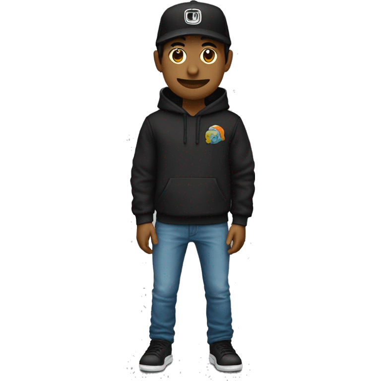 Un chico color piel clara, sudadera negra, cabello largo y gorra negra al reves manos enfrente emoji