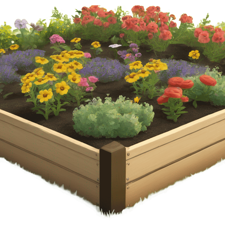 Raised garden bed 2” x 3” in between 4 honeybee hives with flowers in the gardens  emoji