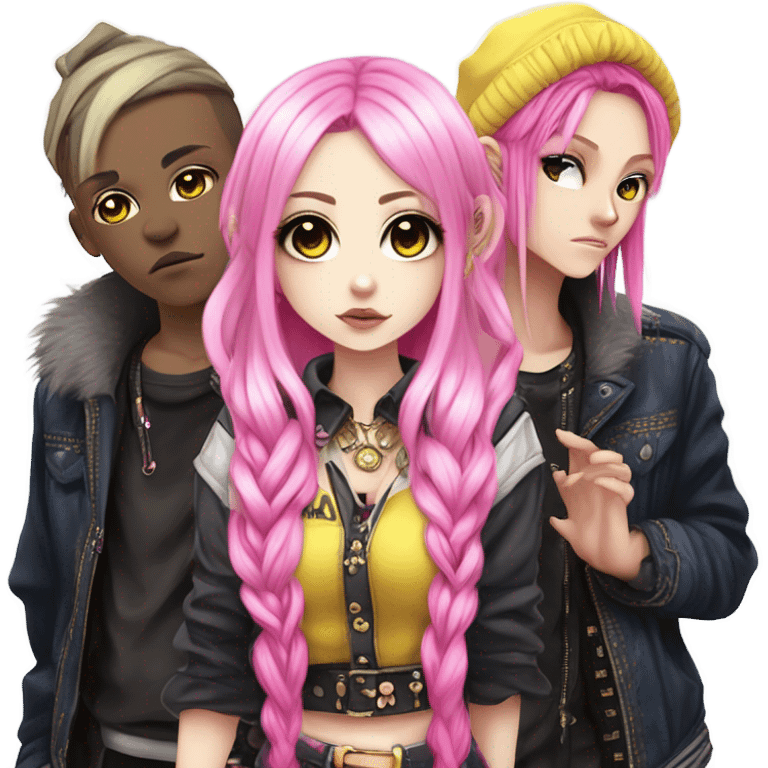 Blue eyed long eye lashes pout blonde and pink hair pale hime gyaru girl, hot pink and yellow split-dyed hair, nose ring, elf ears, dark makeup, punk clothes standing next to three diffrent men praying on their knees emoji