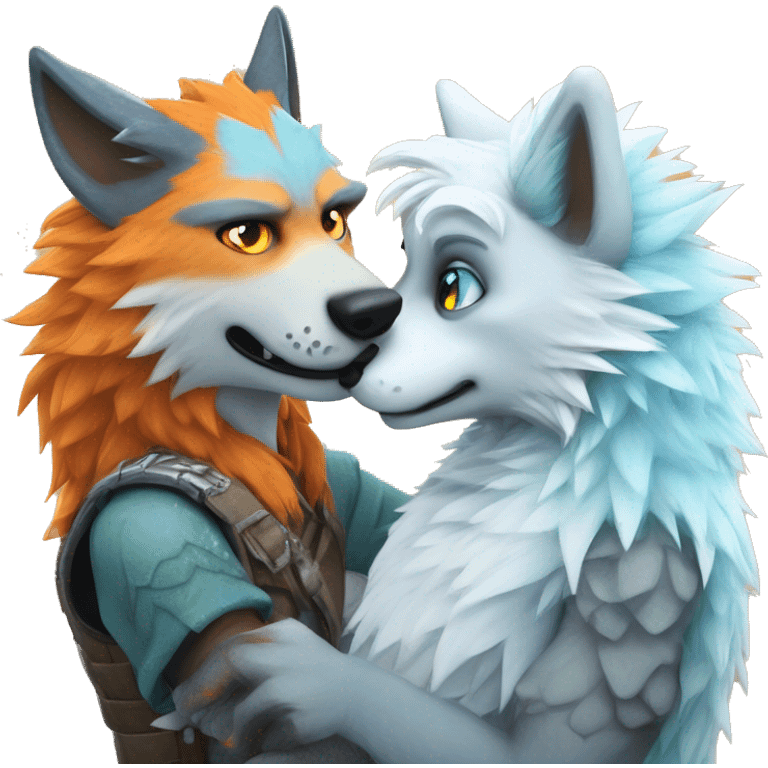 Male wolf furry getting patted on the head by a Male lizard-fox hybrid furry with orange fur interspersed with shimmering orange scales, lizard nose, icy blue eyes, white emo Hair emoji