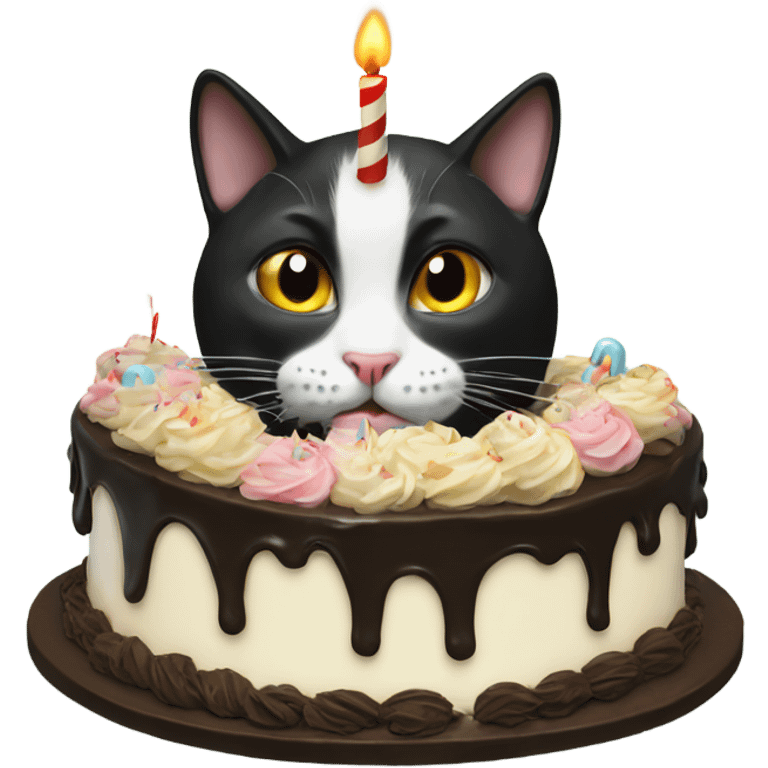 Tuxedo cat blowing out a birthday cake emoji