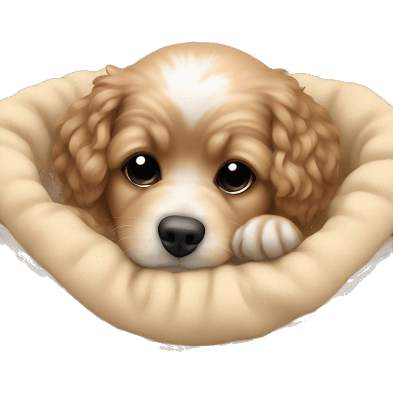 Little cute havapoo is sleeping in a beige soft dog basket emoji