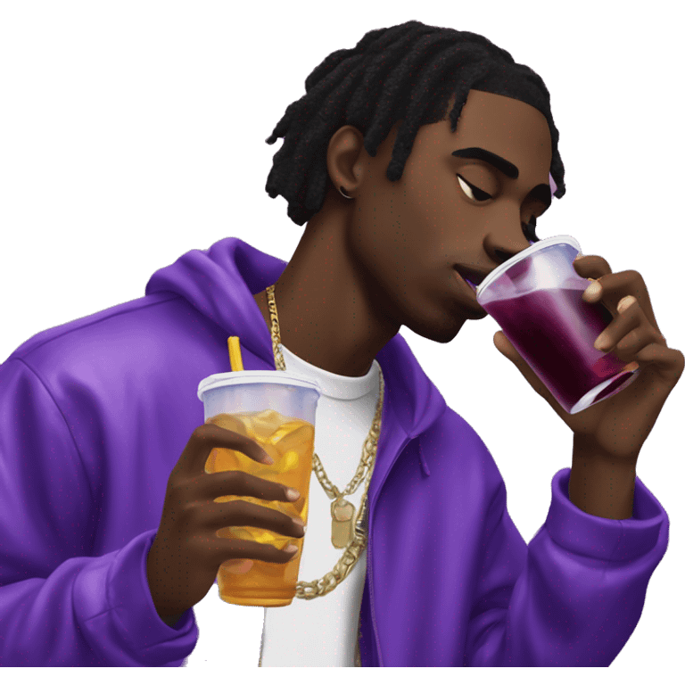 black man wearing playboi carti's record label outfit drinking purple drank emoji