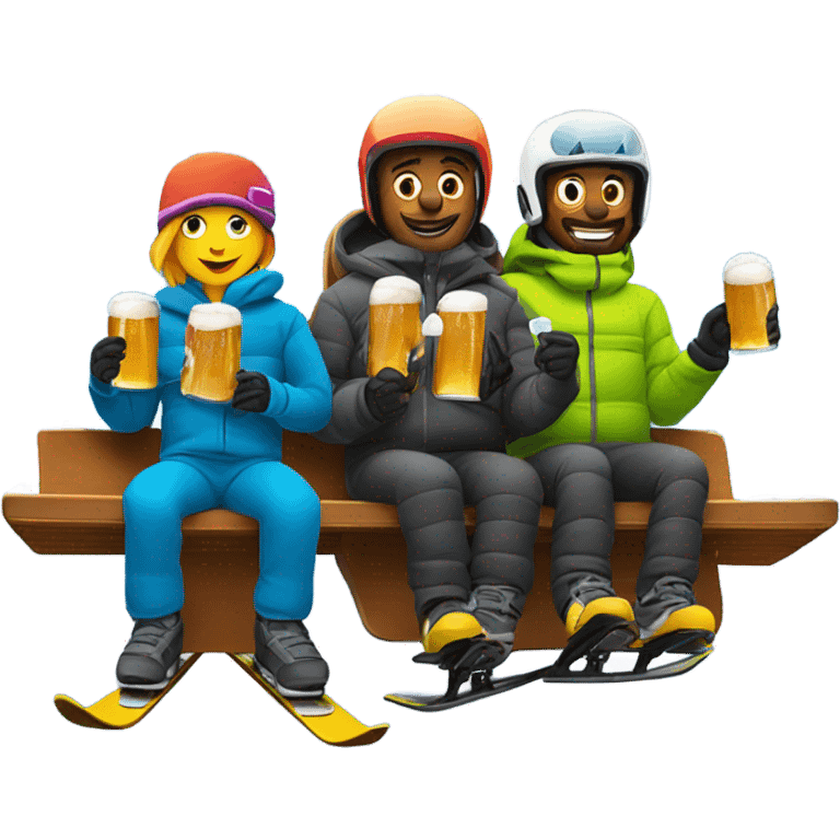 Two skiers and one snowboarder on chairlift with beer  emoji