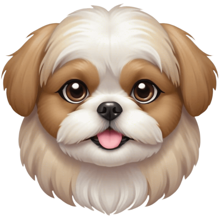 Cinematic Cute Shih Tzu Portrait Emoji, Head playfully tilted with large, sparkling eyes and a fluffy, endearing fur in gentle, pastel tones, simplified yet irresistibly charming, highly detailed, glowing with a warm, cuddly radiance, high shine, radiating affectionate and joyful energy, styled with a soft, playful outline, capturing the essence of a cute Shih Tzu that seems destined to charm everyone in its path! emoji