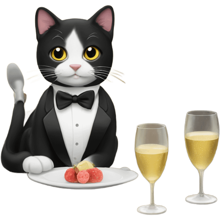 Tuxedo cat, drinking champagne ￼ emoji