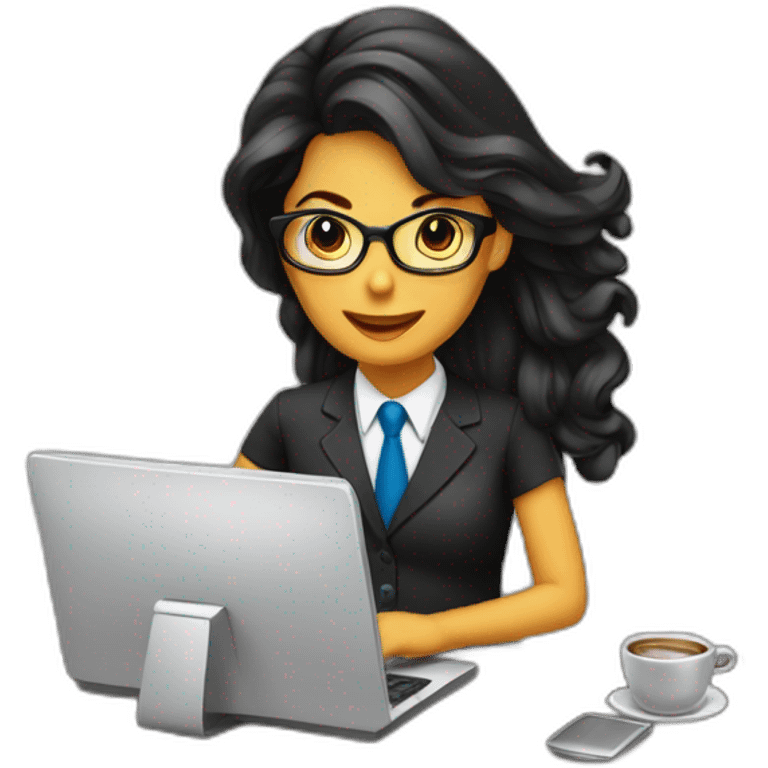 Secretaria cabelo preto computador e tomando cafe emoji