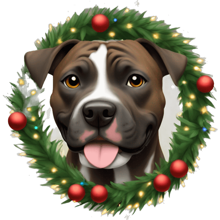 All brindle pittie wearing a Christmas wreath Christmas lights around neck emoji