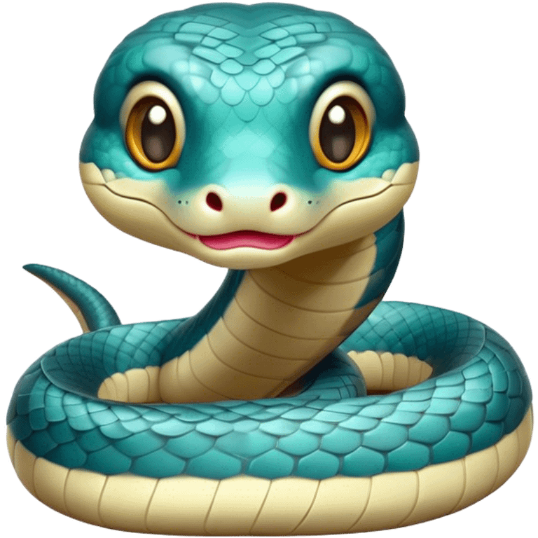 Cinematic Cute Chinese Water Snake Portrait Emoji, Head tilted playfully and inquisitively, with a compact, lithe form and a smooth, shimmering coat in subtle aquatic hues, round, sparkling eyes filled with curious fluidity, Simplified yet irresistibly adorable features, highly detailed, glowing with a warm, friendly glow, high shine, affectionate and agile, stylized with a touch of aquatic whimsy, soft glowing outline, capturing the essence of a mischievous yet loving water snake that feels like it could slither out of the screen into your arms! emoji