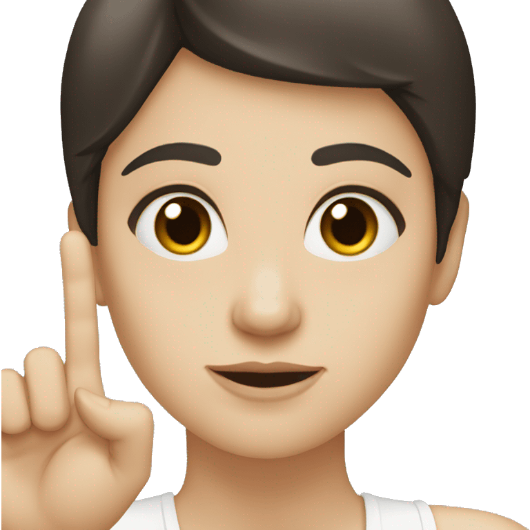 a women with dark hair, pale skin and brown eyes showing a finger emoji