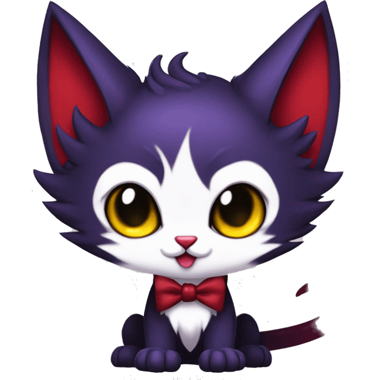 Cute-Evil-Vampiric-Batty-Cat-Black-Purple-Red-Yellow-Contrast-Colors-Fantasy-Fur-Sona-Chibi-Shiny-Fakémon-Hybrid with horns and big fangs neck bow white tie leg spats full body emoji