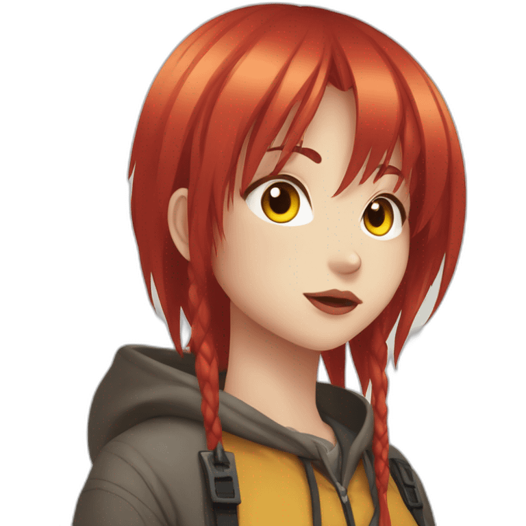 (gril) makima from the manga chainsawman with red hair fringe, yellow eyes with a circle inside emoji