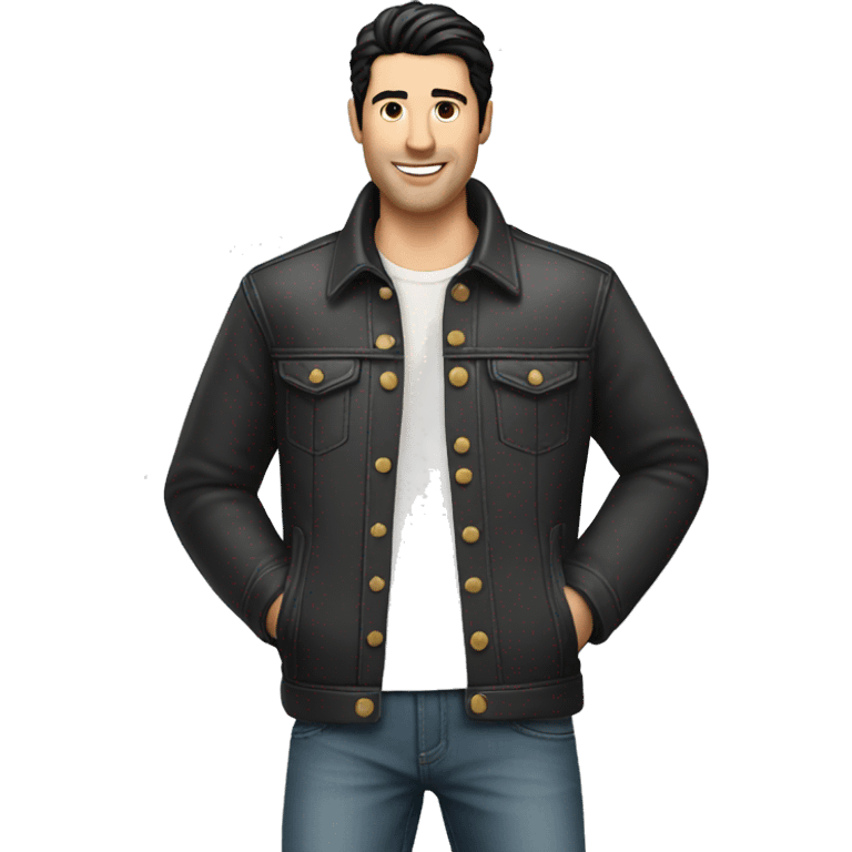 White man black hair jeans jacket with birthday cake emoji