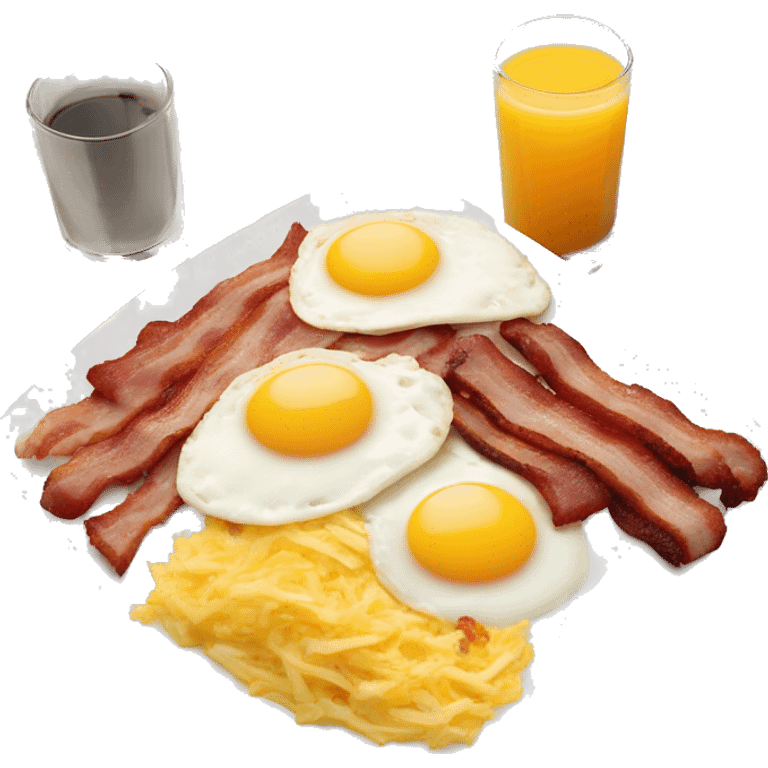 white plate with strips of bacon, eggs cooked sunny side up, diced potato hash browns, sausage links with a bowl of fruit as a side and a large glass of orange juice emoji