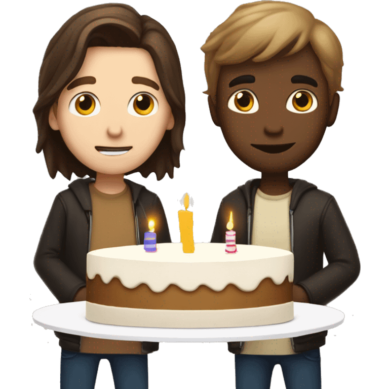 Long Light brown hair white guy and short dark brown hair white guy holding cake and blowing candles emoji