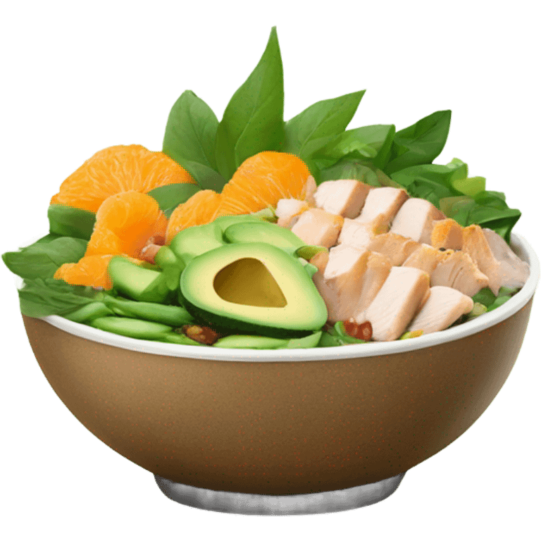 Poke bowl with chicken, avocados, mandarins, cucumbers and green beans; side view emoji