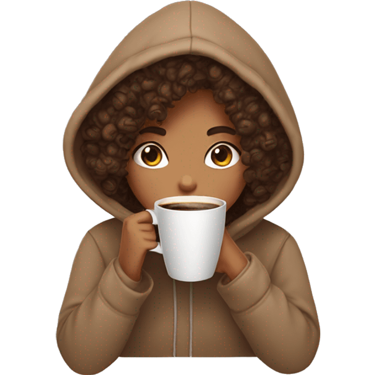 curly hair girl drinking coffee with a cozy hoodie on  emoji