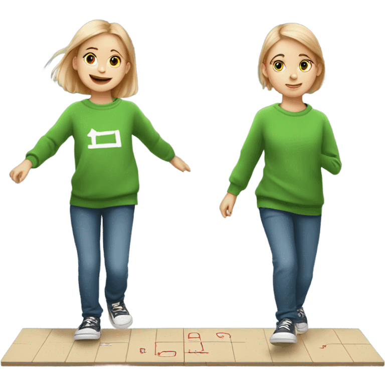 a little white girl in a green sweatshirt playing hopscotch emoji