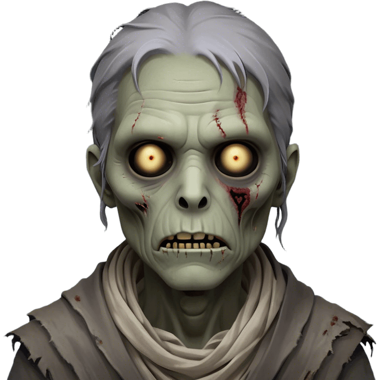 Cinematic Noble Zombie Portrait Emoji, Surprisingly dignified and somber, with a decaying yet strangely regal visage in ashen grays and muted tones, draped in tattered attire hinting at a lost grandeur, simplified yet meticulously detailed, glowing with a soft, eerie radiance and a gentle outline that evokes the tragic nobility of the undead! emoji