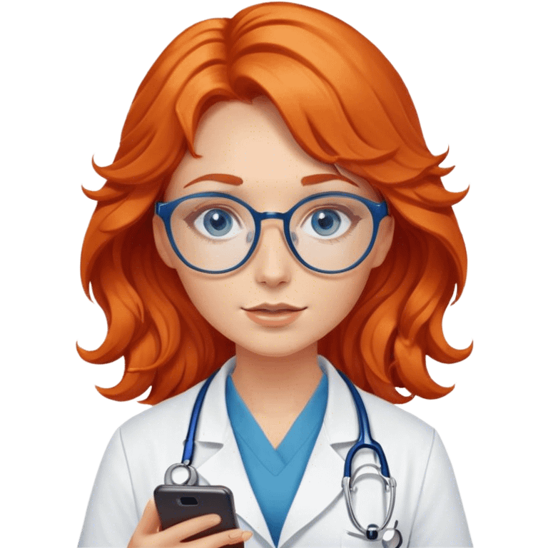 Girl doctor wavy orange red hair blue eyes in gold glasses and phone  emoji